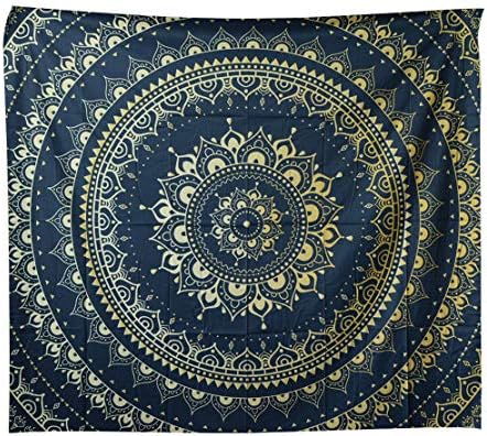 Yzakka Sky Tapestry Mandala Hippie Bohemian Wall Hanging Living Room Bedroom Dorm Decor Navy Gold 59x51Inch