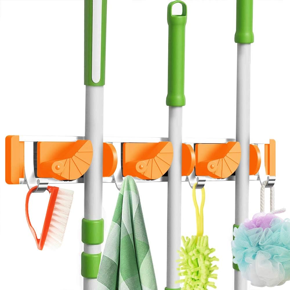 Rofesi Broom Holder Wall Mount - Broom Organizer Broom Mop Holder and Space Aluminum Broom Mop Holder with 3 Positions 4 Hooks for Bathroom Kitchen Office Closet Garden (Orange)