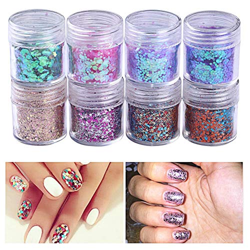 Holographic Chunky Glitters, Cosmetic Glitters Flakes, Body Glitter Set - 8 Colors, Use for Face Nails Eyes Lips Hair Body, Make Up Glitter Paillette Music Festival Masquerade - 8 boxes 10ML