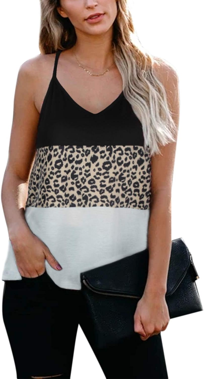 BMJL Women's Leopard Print Top Cute Spaghetti Strap Tank Sleeveless Camisole V Neck Cami Vest