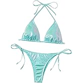 WDIRARA Women's Two Piece Metallic Triangle Bikini Set Halter String Tie Side Swimsuit