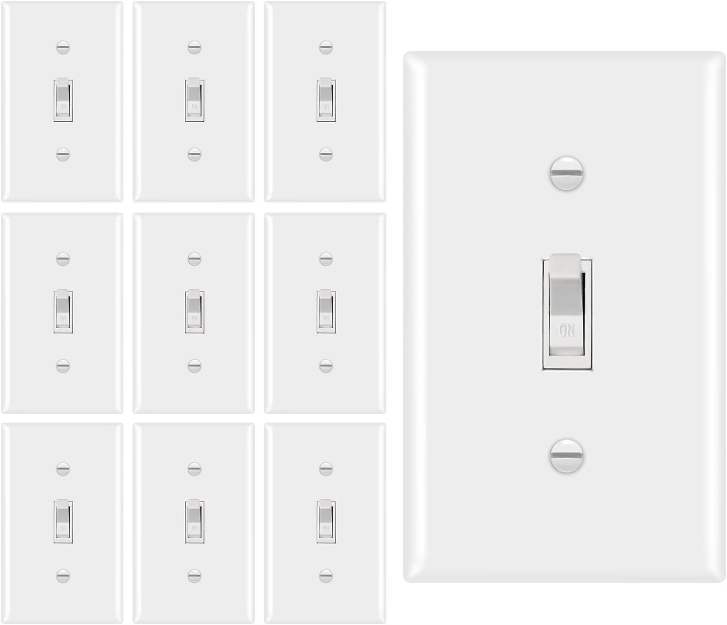 ETERMTT Toggle Framed AC Quiet Switch, 15A 120V, U-Grounding Screw, Residential Grade, Wall Plate Cover included, UL Listed, White, 10 Pack