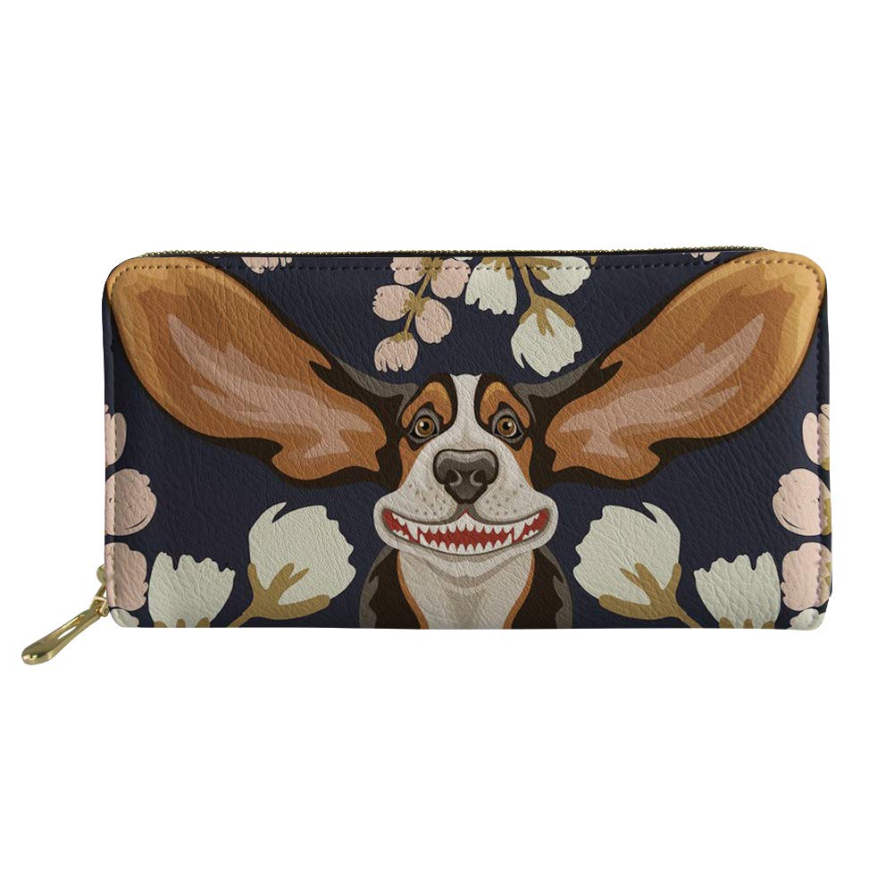 Woisttop Basset Hound Dog Flower Long Wallet Cute Animal Floral Zippered PU Leather Purse Traveling Pouch Gift for Women