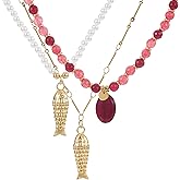 ALYXUY 3Pcs Fish Charm Choker Necklace for Women, Delicate Beaded with Pearls Gold Plated Fish Pendant Necklace Minimalist Simple Cute Jewelry Gift