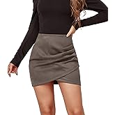 Mingnos Womens High Wasited Zipper Closure Ruched Cross Irregular Faux Suede Mini Skirt