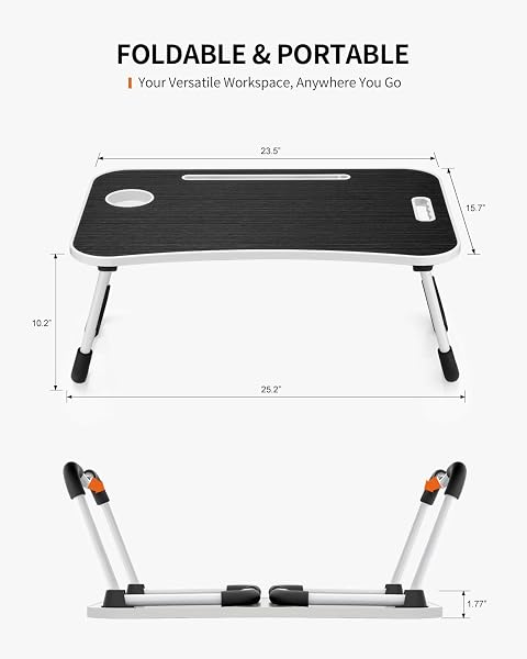 FISYOD FOLDABLE LAPTOP TABLE, PORTABLE LAP DESK BED TABLE TRAY, LAPTOP STAND WITH CUP HOLDER & TABLET SLOT & LIFTING HANDLE FOR WORKING WRITING DRAWING & EATING (BLACK)