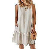 PRETTYGARDEN Casual Short Summer Dresses for Women 2025 Sleeveless Crewneck Cute Ruffle Loose Vacation Mini Tshirt Dress(Light Grey,Small)