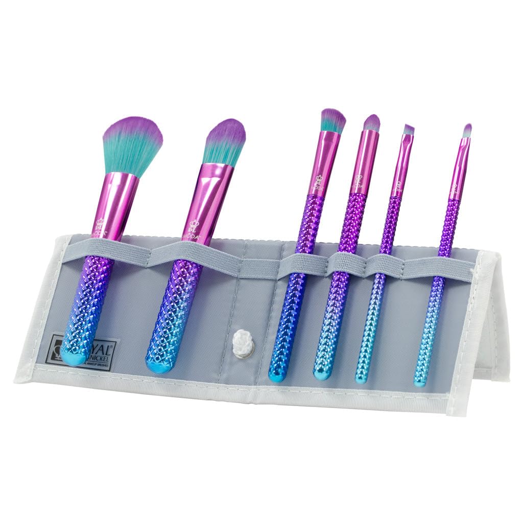 MODA Royal & Langnickel Travel Size Prismatic Total Face 7pc Makeup Brush Set with Pouch, Includes - Powder, Foundation, Angle Shader, Smoky Eye, Brow Liner and Pointed Lip Brushes, Prismatic Ombre