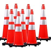 (8 Cones) BESEA 28” inch Orange PVC Traffic Cones, Black Base Construction Safety Cones Road Parking Cone Structurally Stable Wearproof (28" Height)