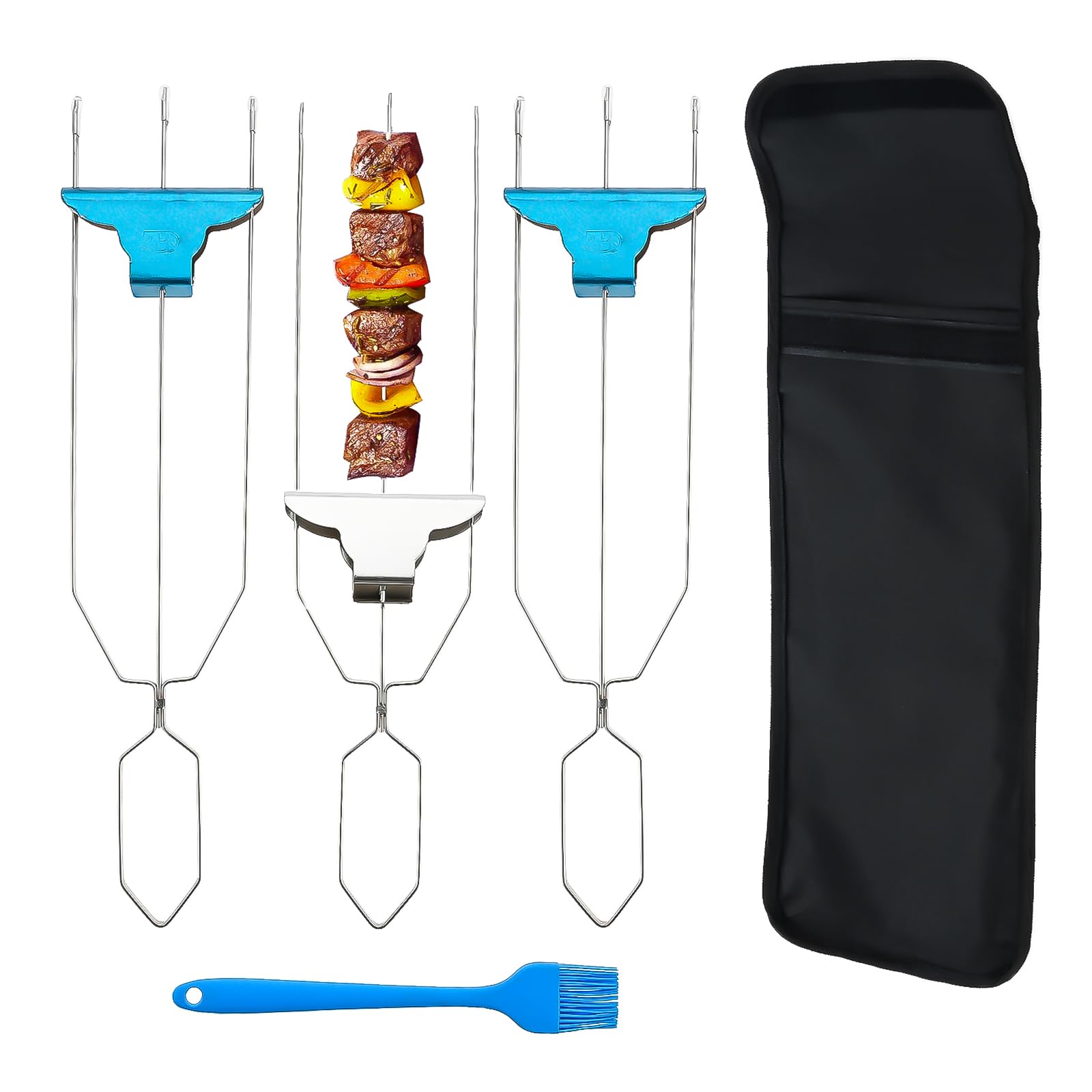 DRELD 3Pcs Grill Skewers, 14inch Kebab Skewers with Push Bar Slider Brush and Bag, Stainless Steel BBQ Meat Fork Roasting Sticks for Meat, Veggies, Fruits, Broiler, Steak, Kebab, Shawarma