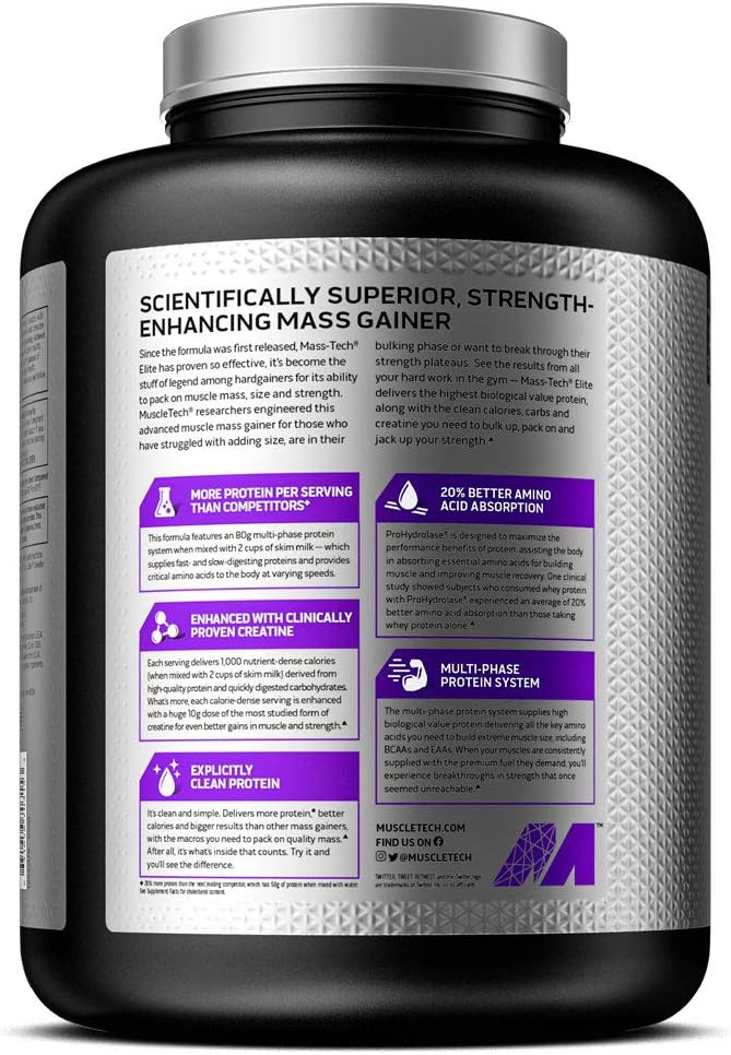 Mass Gainer Whey Protein Powder + Creatine | MuscleTech Mass-Tech Elite | Muscle Builder Whey Protein Powder | Max-Protein Weight Gainer for Men & Women | Chocolate, 7 lbs (packaging may vary): Health & Personal Care