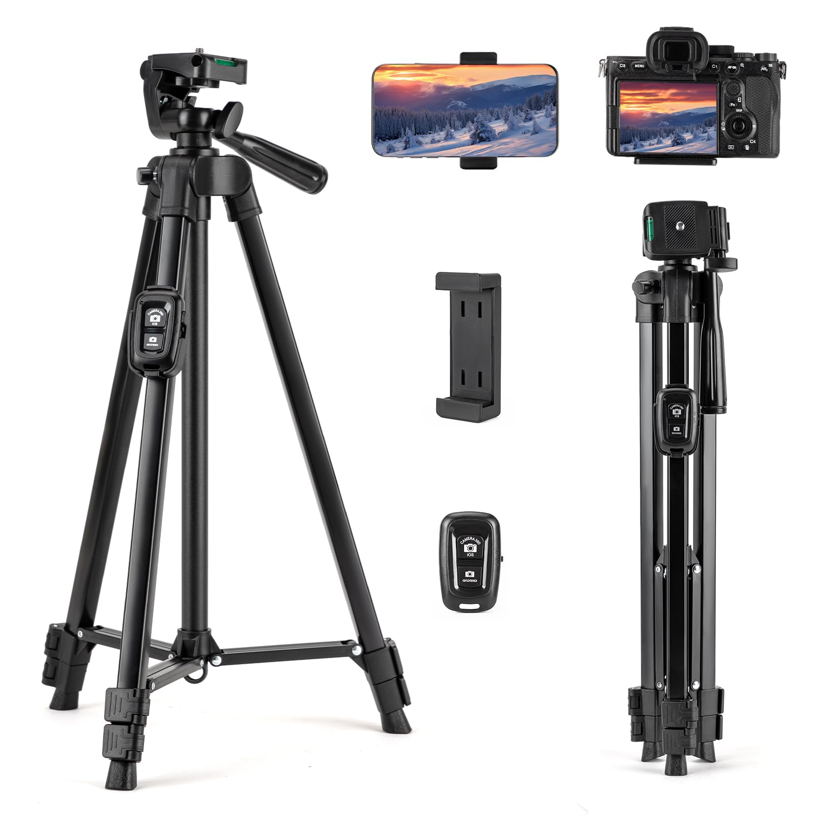 Fotopro Camera Phone Tripod 51 inch Aluminum Lightweight for Travel,360 Degree Panoramic Shooting with Bluetooth Remote and Phone Holder Load up to 3.3lb/1.5kg