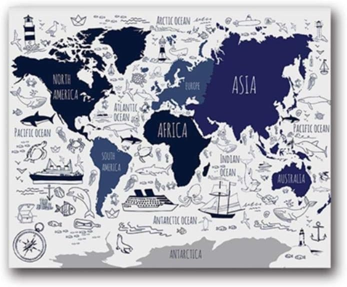 SCLPOSTER Poster,World Map Navy Blue Nautical World Map Poster for Kids, World Map Canvas Painting Wall Art Prints Boys Room Nautical Decor 24X32Inch(60X80Cm)