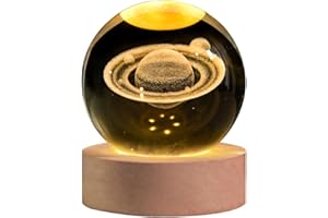 AOFEGRLT 3D Saturn Crystal Ball with LED Stand, 60mm Glass Sphere Decorative Balls, Space Planet Galaxy Lamp Night Light Gifts for Women Kids