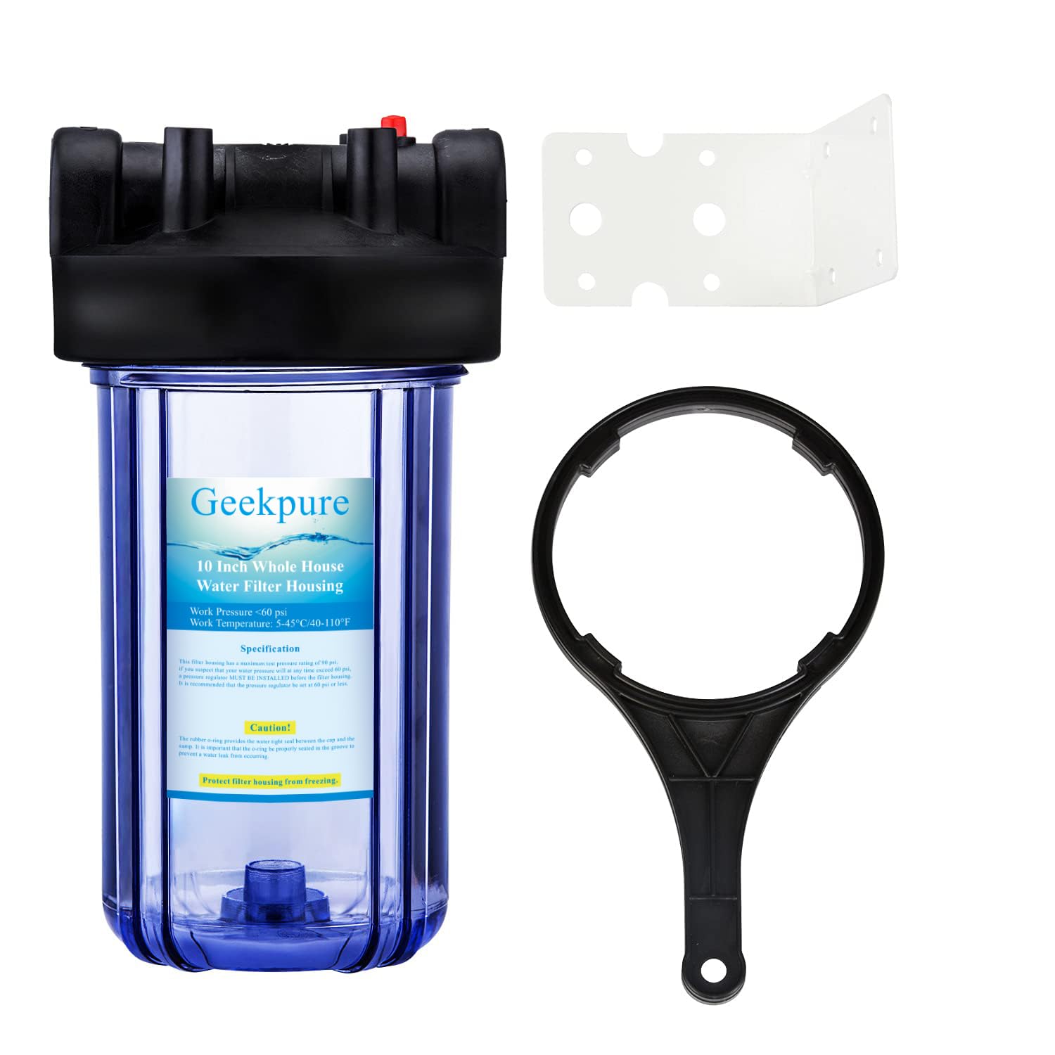 Photo 1 of Geekpure 10-Inch Whole House Water Filter Housing 3/4" Port with Wrench and Bracket -4.5"x10"-Clear (1)