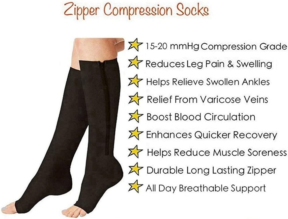 (2 Pairs)Compression Medical Zip Socks15-20mmHg Zipper Leg Support Unisex Open Toe Knee: Clothing