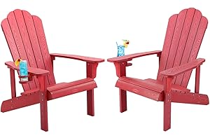 hOmeHua Adirondack Chairs Set of 2, HIPS Adirondack Chairs Weather Resistant with Cup Holder, Plastic Outdoor Chair for Patio, Backyard Deck, Fire Pit Lawn Porch (Red)