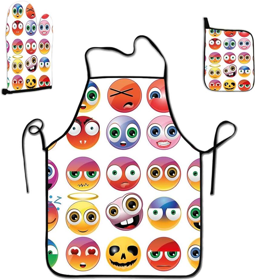 GULTMEE 3-Piece Apron Set Custom Cooking Waist Chef BBQ Adjustable Waterproof Aprons for Women Men Girls, Rainbow Colored Cartoon Like Smiley Face Expressions Sad Happy Angry Fierce Art Print