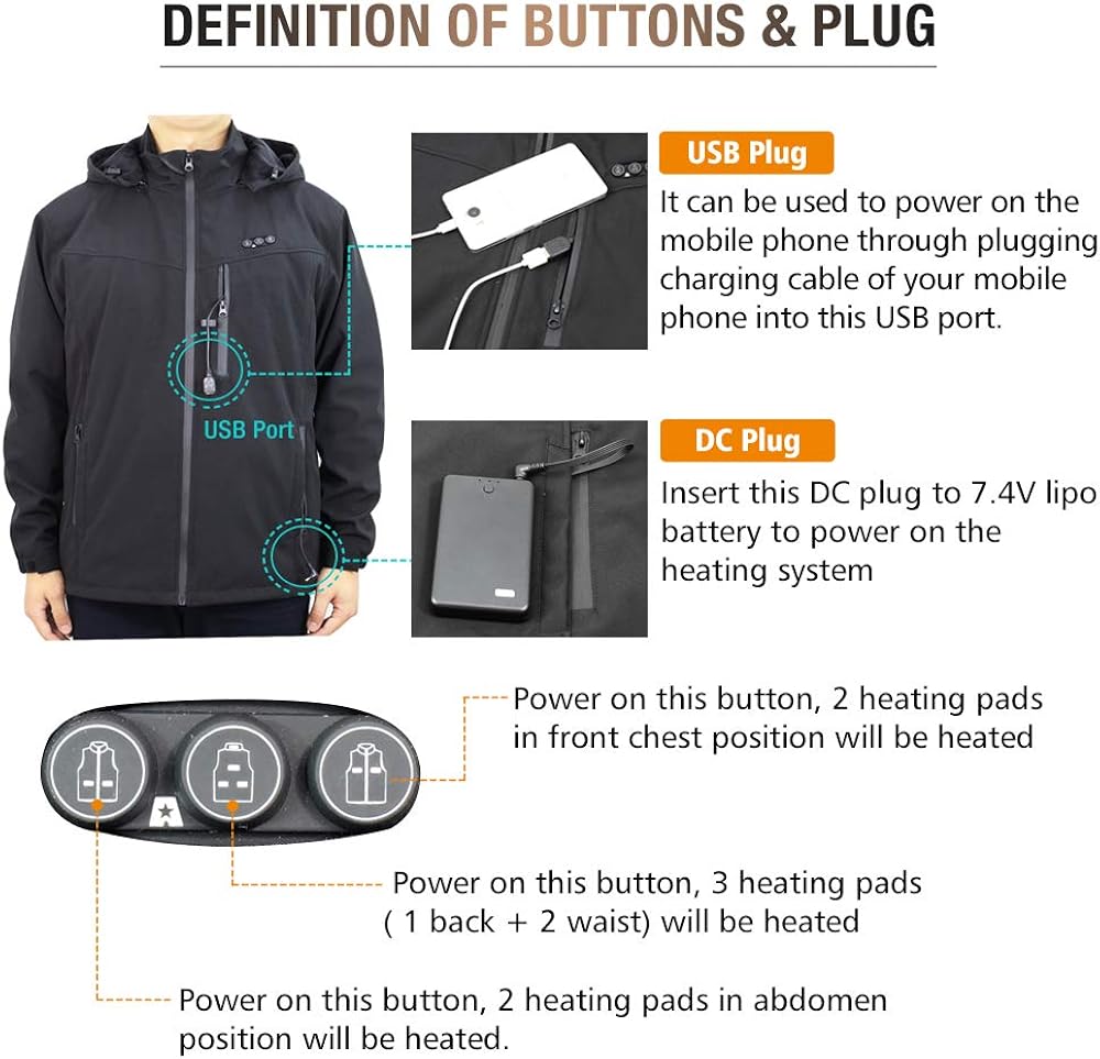 ARRIS Heated Jacket for Men, Electric Warm Heating Coat with 7.4V Rechargable Battery/8 Heating Areas/Phone Charging: Clothing