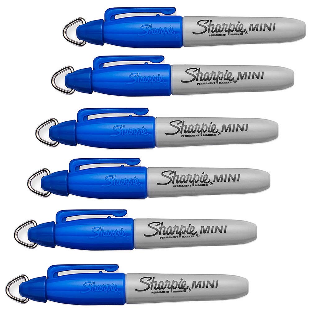 6 x Sharpie Mini Permanent Marker Pens with Keyring for Keys, Chains & lanyards, Fine Point, Blue - Loose in Plain Packaging