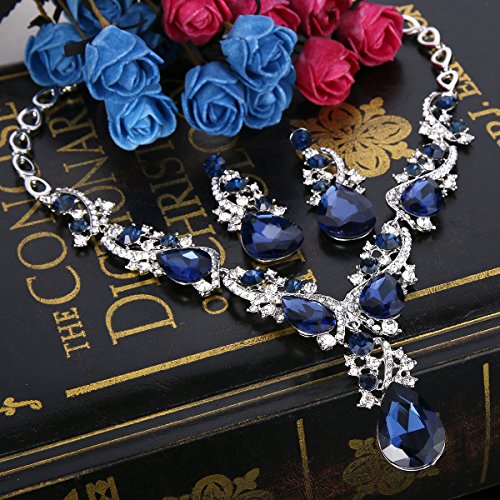 BriLove Wedding Bridal Necklace Earrings Jewelry Set Multi Teardrop Cluster Crystal Statement Necklace Dangle Earrings Set Navy Blue Sapphire Color Silver-Tone