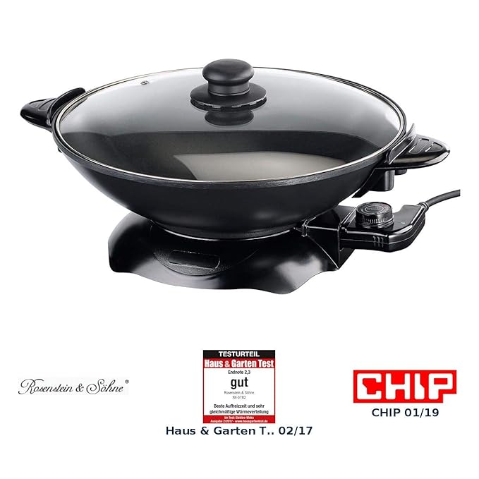 Rosenstein & Söhne Elektrowok: Elektrischer Wok mit Thermostat, antihaftbeschichtet, 1.500 W, 5,1 l (Elektropfanne)