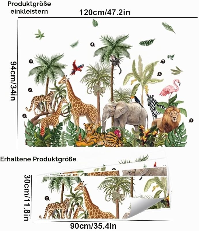 Wandtattoo Tiere des Regenwalds Wandsticker Dschungel Giraffe Elefant Löwe Tiger Blätter Wandbilder Groß Wandaufkleber Wanddeko Kinderzimmer Babyzimmer Schlafzimmer Aufkleber