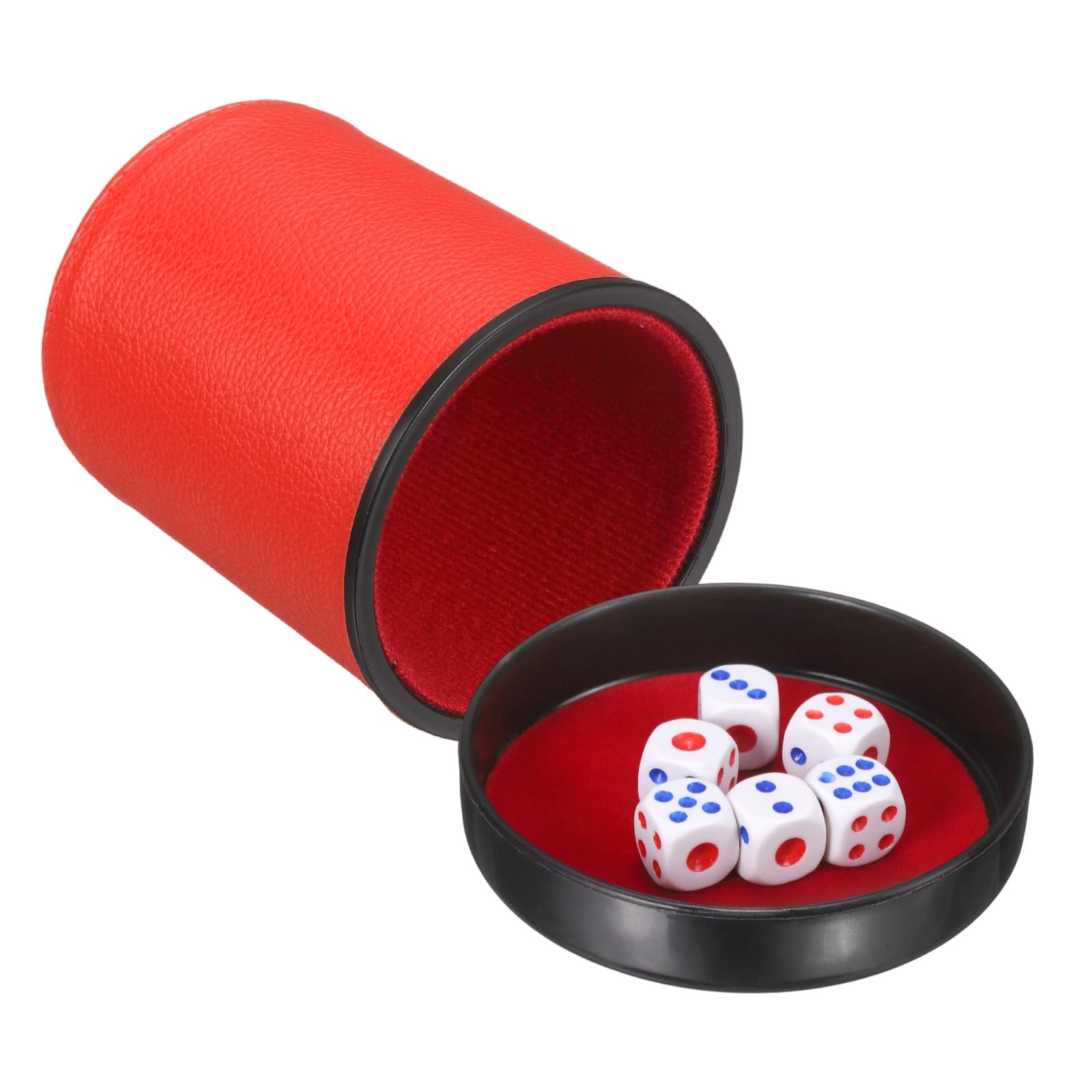 sourcing map Felt Lined Professional Dice Cup, PU Leather Quiet Shaker Cups with Lid Includes 6 Dot Dice for Bar Gatherings Party Board Games, Red