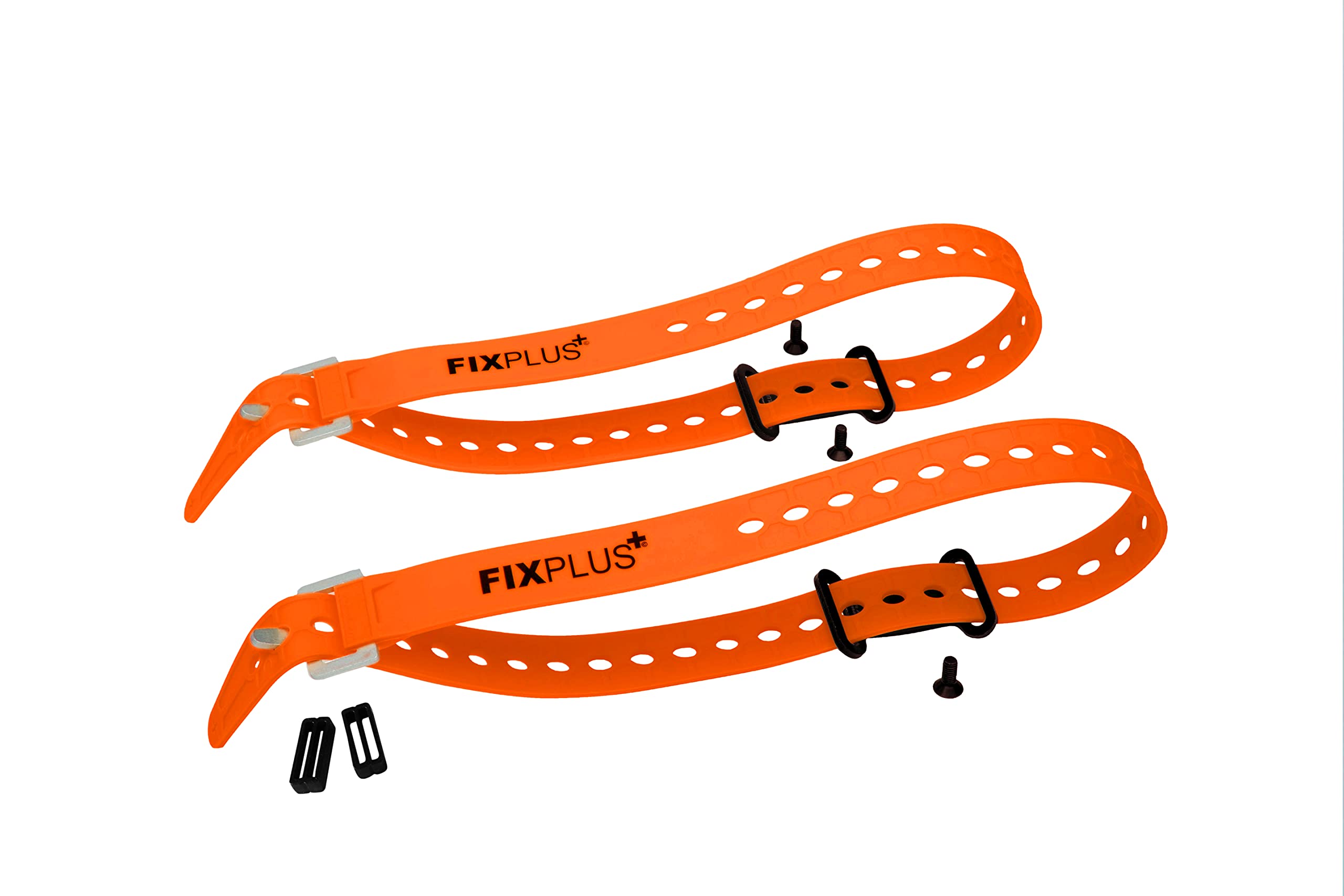Fixplus Gear Tightener Set 66cm - Load fastening on the bike for large parts - Two aluminium holders incl. screws + Two tension straps 66cm length (orange) and Two Strapkeepers (black)