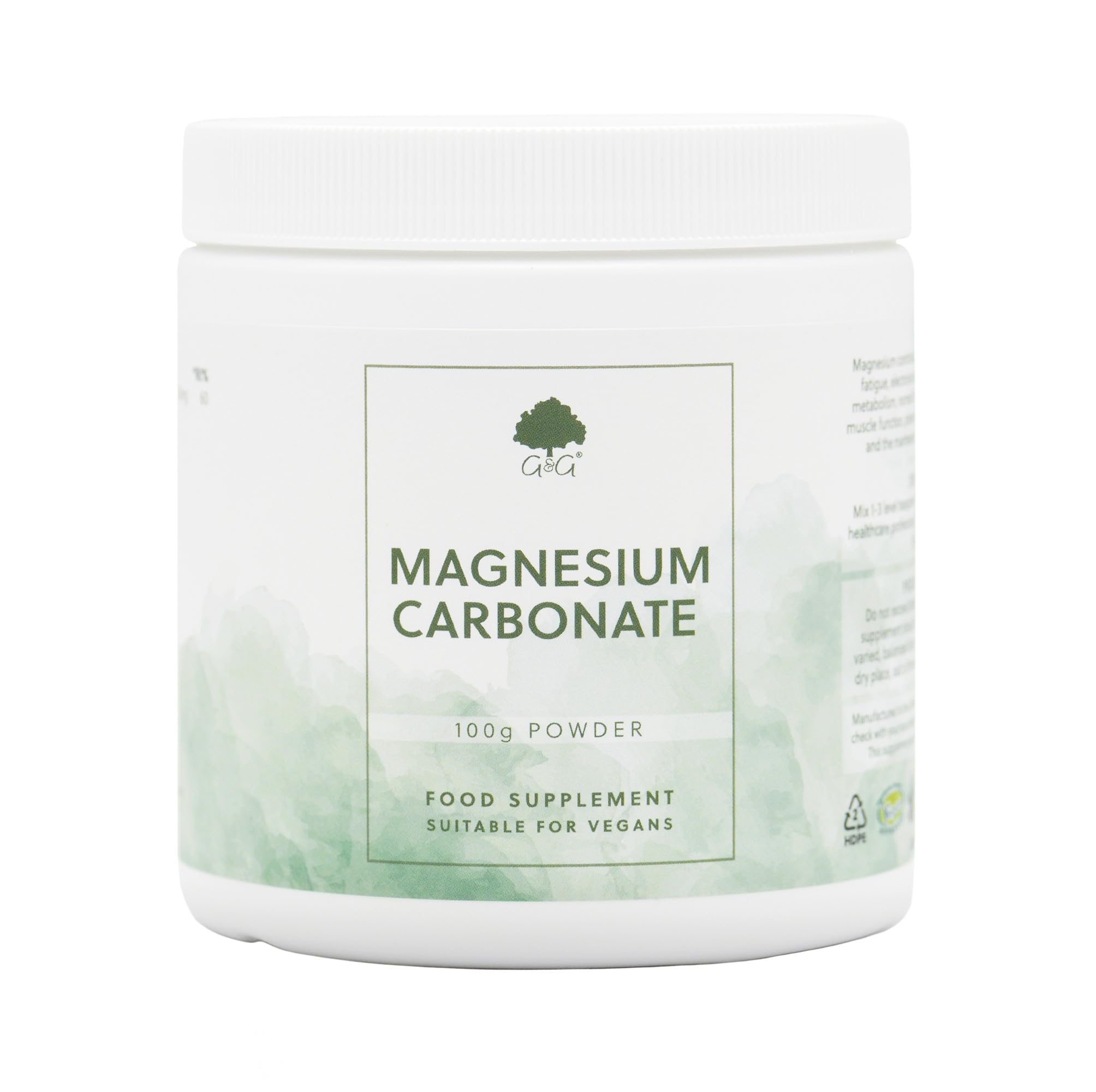 Magnesium Carbonate Powder 100g - 226mg Elemental Magnesium per Serving - Non-GMO, Made in The UK by G&G Vitamins