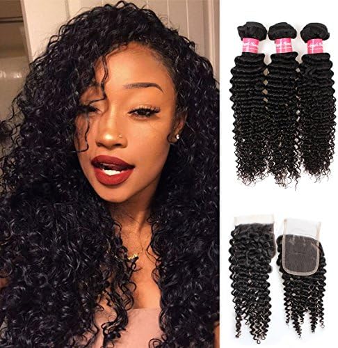 Angels Beauty Brazilian Curly Hair Bundles with Closure Unprocessed 8A Grade Brazilian Virgin Kinky Curly Human Hair Extensions with 4×4 Lace Closure Free Part Natural Color (16 16 16 +14)