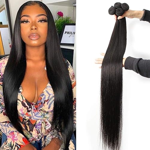 Human Hair 4 Bundles Brazilian Straight Human Hair Bundles 100% Virgin Remy Human Hair Straight Human Hair Weave 4 Bundles Natural Black Color Double Weft Brazilian Straight Human Hair Extensions