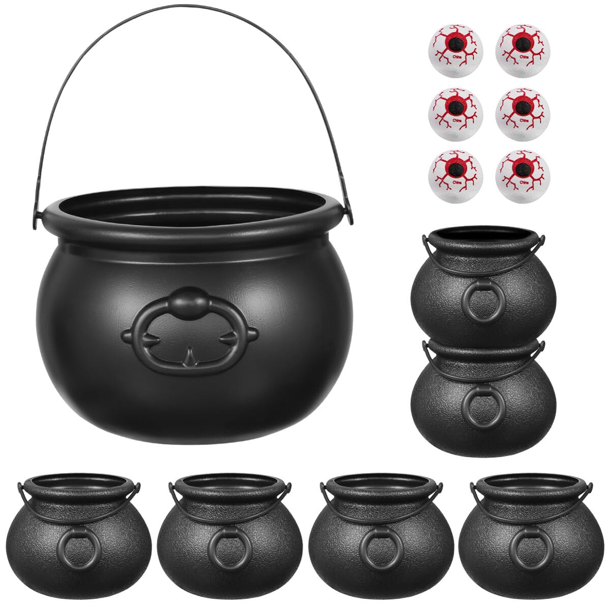 7PCS Halloween Cauldron with Handle Black Cauldron Candy Bucket Candy Kettle for Halloween St Patrick Day Party Decoration Attached 6PCS Eyeballs