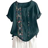Womens Embroidered Tops Casual Summer Boho T Shirts Loose Fit Short Sleeve Floral Blouses
