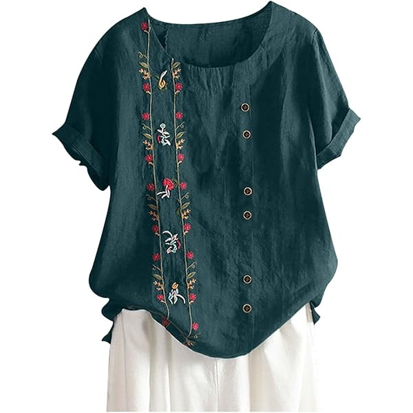 Women's Embroidered Peasant Shirt Short Sleeves Cotton Linen Boho