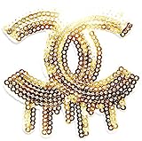 Gold CC Logo Sequin Sparkle Back Patch Iron on Sew Embroidered Applique Fabric Craft Art DIY Decorate Handmade Women Cloth Jacket Vest T shirt Dress Costume Accessories Gift Collection