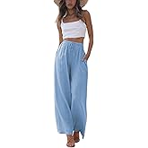Faleave Women's Cotton Linen Summer Palazzo Pants Flowy Wide Leg Beach Trousers with Pockets