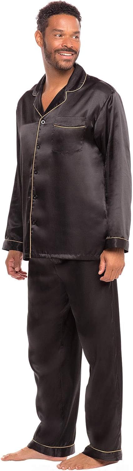 Alexander Del Rossa Men's Button Down Satin Pajama Set with Sleep Mask, Long Silky Pjs at  Men’s Clothing store