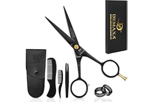 DEMAXA 5" Professional Mustache Scissors Beard Scissors for Men with Fine tip Tweezers 1 Mustache Comb 1 Beard Comb & Pouch – Beard Trimming kit & Mustache Kit (Black with Tweezer)
