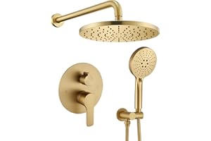 Iriber Shower System Wall Mounted Shower Faucet Mixer Set with Luxury High Pressure Shower head and 3-Setting Handheld, Bathroom Shower Trim Kit Contain Pressure Balance Valve,Brushed Gold