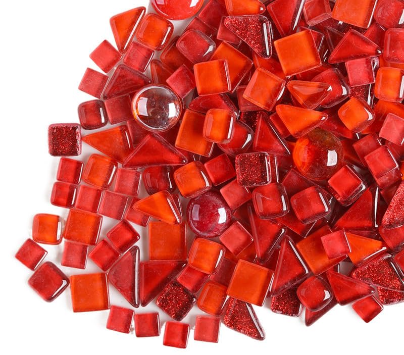 200g Irregular Crystal Mosaic Glass Tiles for Crafts, Mixed Color Small Mosaic Glass Pieces DIY Hobbies Children for Home Decoration (Red)