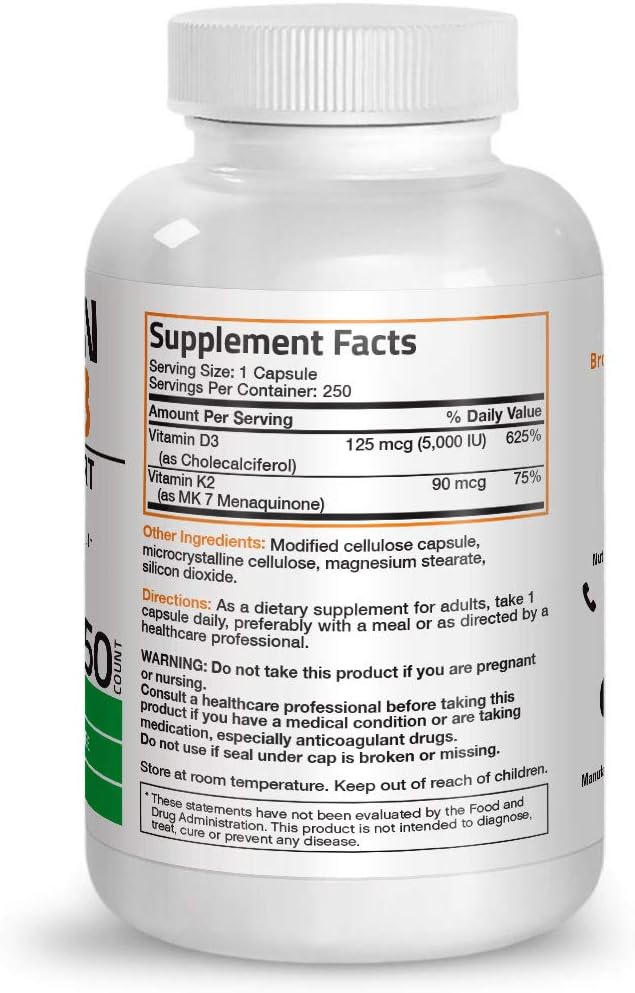 Vitamin K2 (MK7) with D3 Supplement Bone and Heart Health Non-GMO Formula 5000 IU Vitamin D3 & 90 mcg Vitamin K2 MK-7 Easy to Swallow Vitamin D & K Complex, 250 Capsules: Health & Personal Care