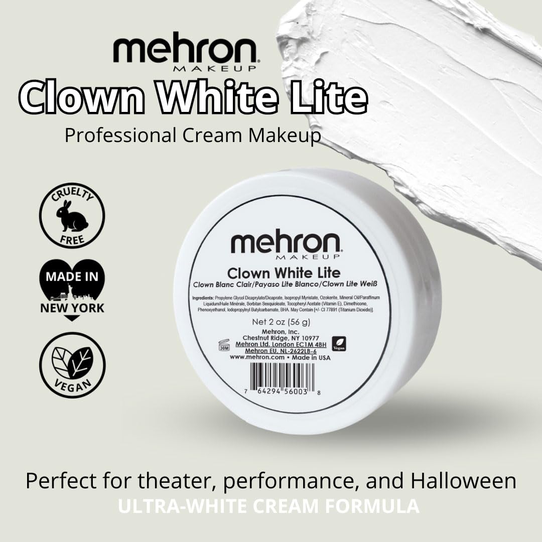 Mehron Makeup Clown White Lite | Professional Face Paint & Body Paint | White Cream Face Paint for Clown Makeup, Stage, Film, Cosplay, Mime, & Halloween 2 oz (56g)