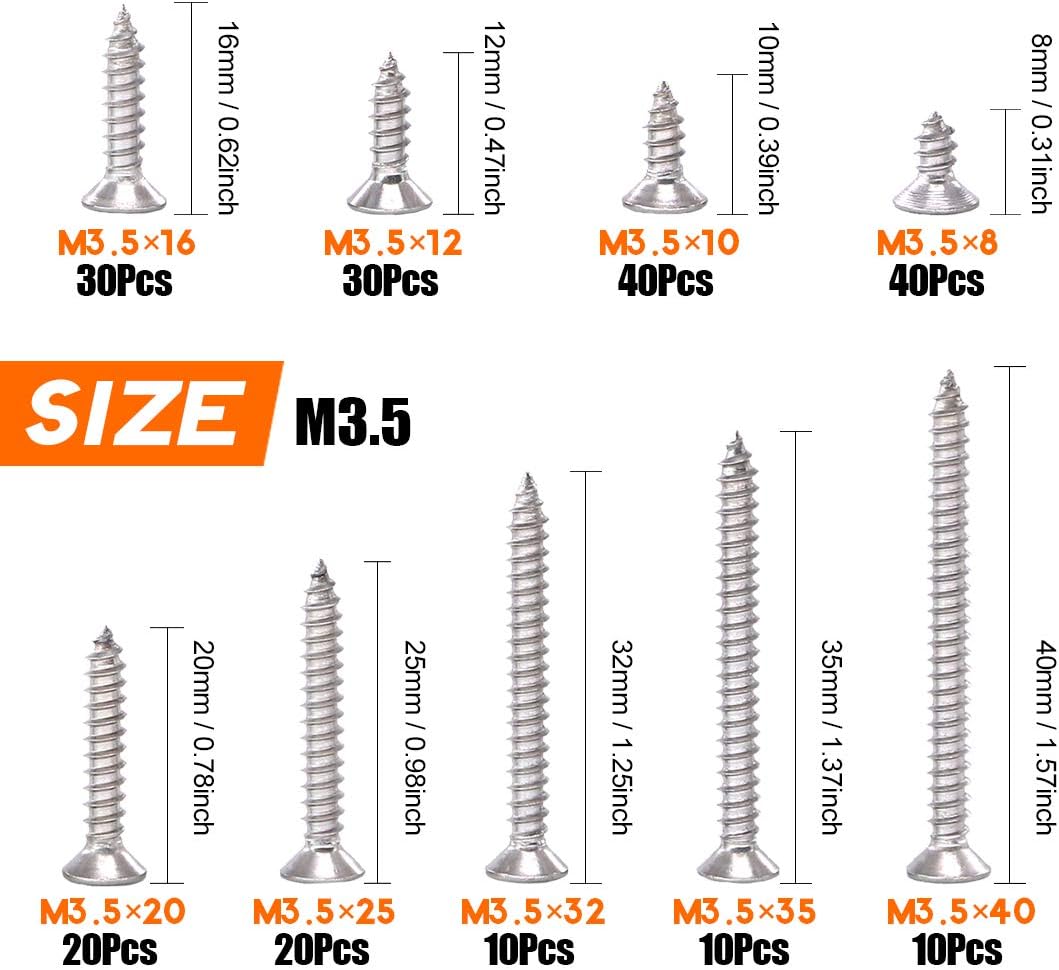 Rustark 210Pcs M3.5 304 Stainless Steel Flat Head Phillips Cross Wood Screw Drive Self-Drilling Screws Assortment Kit - Image 3