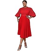 AOMEI Women's Elegant Lace Patchwork A-line Midi Pleated Hollow Out Lantern Sleeve Dress