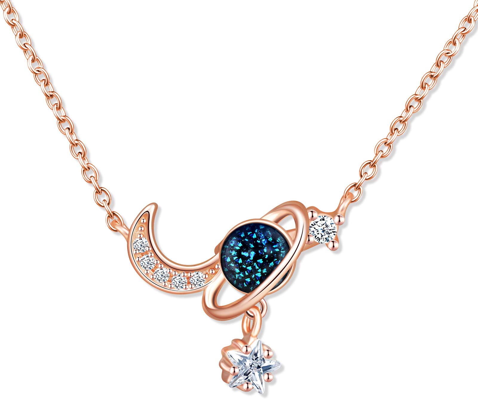 MicLee Women's girl's Necklace pendant, 925 Sterling Silver necklace, Moon and blue dream planet necklace, Shiny and beautiful pendant, Inlaid zircon, rose gold