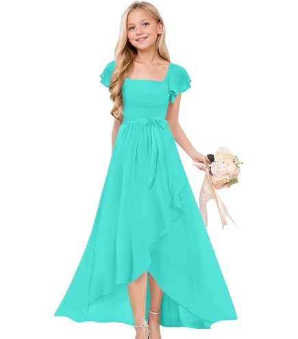 MRHUSH Aqua Junior Bridesmaid Dresses for Wedding Square Neck Chiffon High-Low Ruffle Formal Dress with Sleeves Girls Dress 2T: Clothing, Shoes & Jewelry