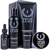 ZEUS Everyday Beard Kit for Men, Facial Hair Shampoo, Conditioner, Oil, Balm & Tin Gift Box, Premium Beard Care & Grooming Set (Made in USA) Verbena Lime