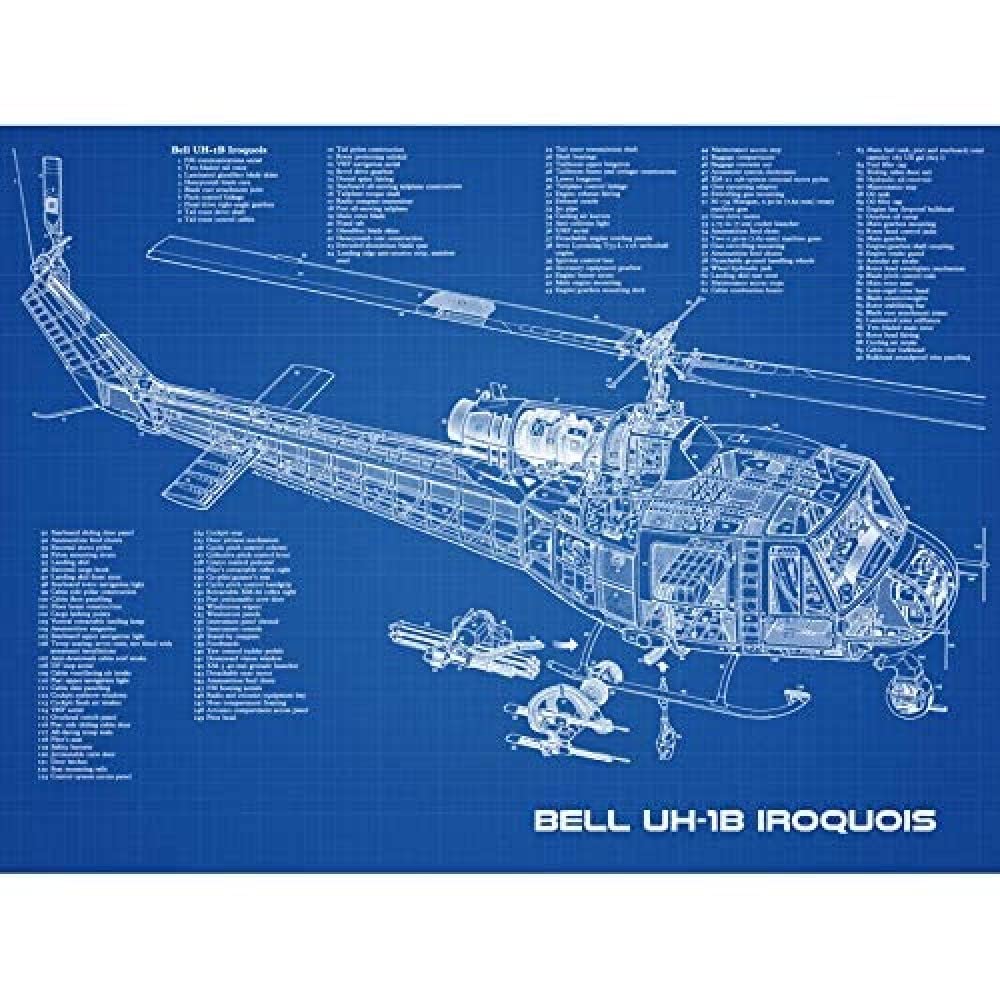 Artery8 Bell UH-1B Iroquois USA Helicopter Blueprint Plan Art Print Canvas Premium Wall Decor Poster Mural