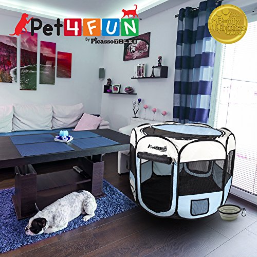 PicassoTiles PET4FUN PN935/PN945 Portable Pet Puppy Dog Cat Playpen Crates Kennel w/Water Resistant 600D Oxford, 210D Nylon, Carrying Bag, Collapsible Bowl, Removable Mesh Cover 2 Sizes